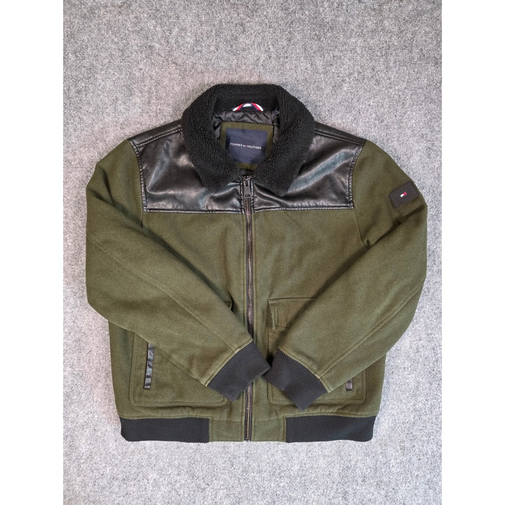 Tommy Hilfiger Bomber Jacket Mens Large Green Sherpa Collar Faux Leather Trim